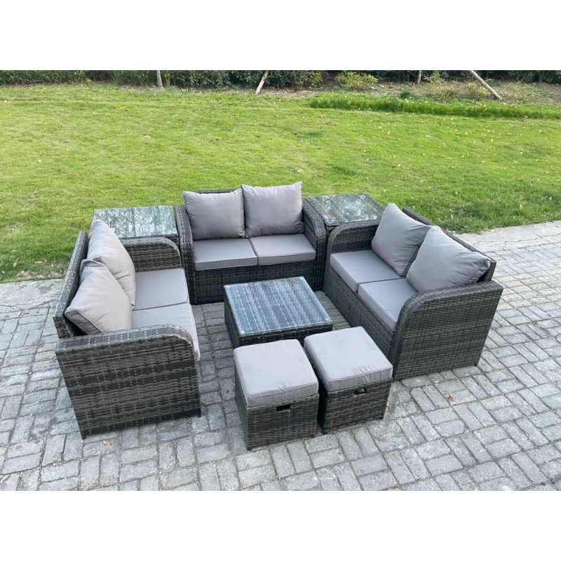 Fimous 8 Seater Outdoor Garden Furniture Sets Wicker Rattan Furniture Sofa Sets with Square Coffee Table Love seat Sofa 2 Small Footstools 2 Side Tables