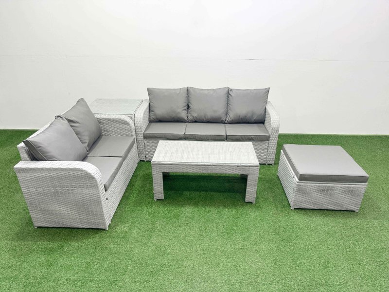 Fimous 6 Seater PE Rattan Wicker Garden Furniture Patio Conservatory Sofa Set with Oblong Coffee Table 3 Seater Sofa Love Sofa Big Footstool Side Table