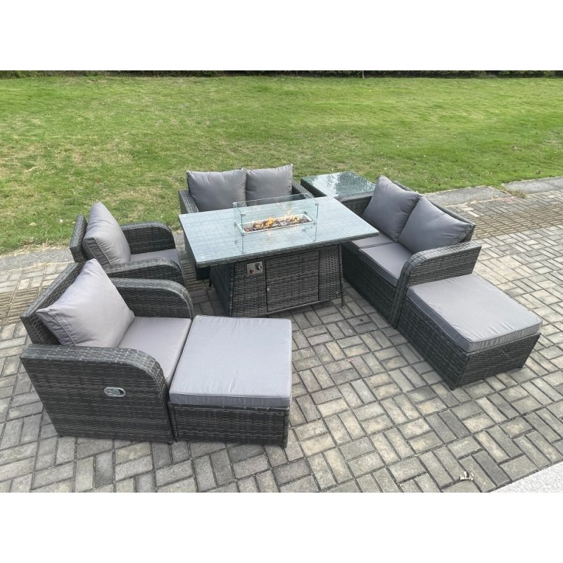 Fimous 8 Seater Rattan Garden Furniture Set Outdoor Propane Gas Fire Pit Table and Sofa Chair set with Side Table 2 Big Footstool