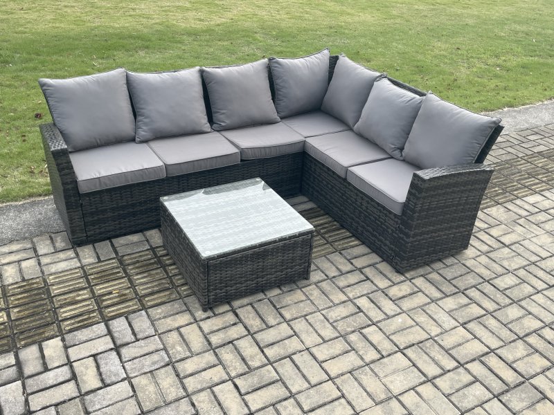 Fimous 6 Seater Wicker PE Outdoor Garden Furniture Set High Back Rattan Corner Sofa Set with Square Coffee Table