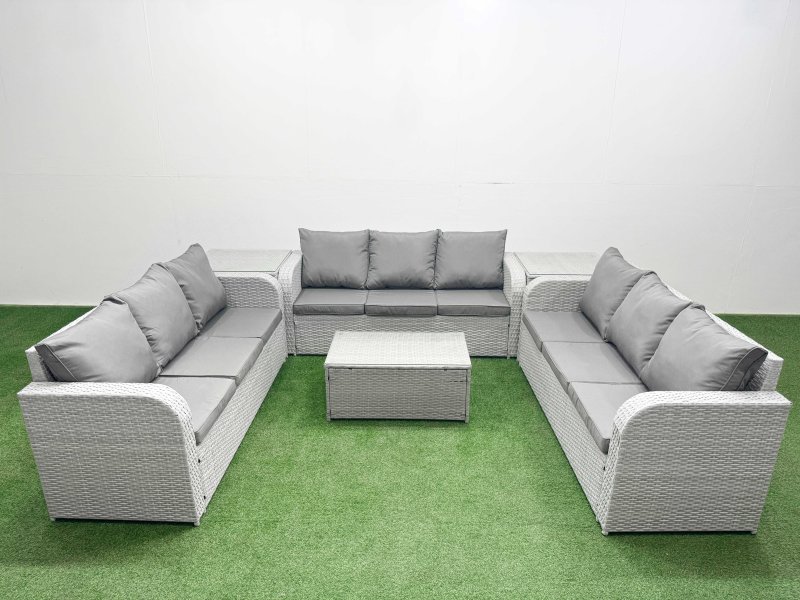 Fimous PE Rattan Lounge Sofa Set 9 Seater Outdoor Garden Furniture Set with Rectangular Coffee Table 3 Seater Sofa 2 Side Table Light Grey