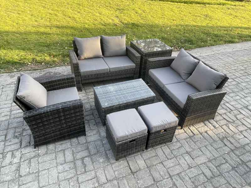 Fimous Rattan Garden Furniture Set 7 Seater Patio Outdoor Lounge Sofa Chair Set with Side Table Rectangular Coffee Table 2 Small Footstools Dark Grey Mixed