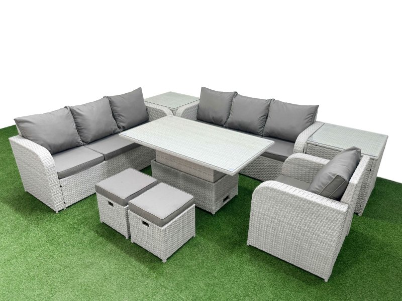 Fimous 9 Seater Poly Rattan Outdoor Garden Furniture Adjustable Lifting Dining or Coffee Table Sofa Set Patio 3 Seater Sofa Reclining Chair 3 Seater Sofa Stools 2 Side Table Light Grey
