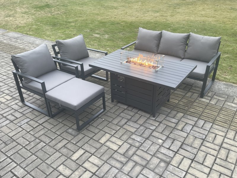 Fimous Aluminium Outdoor Garden Furniture Set Gas Fire Pit Dining Table Set Gas Heater Burner with 2 Arm Chair Big Footstool Dark Grey 6 Seater