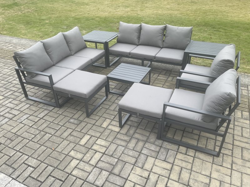Fimous Aluminium Patio Outdoor Garden Furniture Lounge Sofa Set with Square Coffee Table 2 Chairs 2 Side Tables 2 Big Footstool Dark Grey
