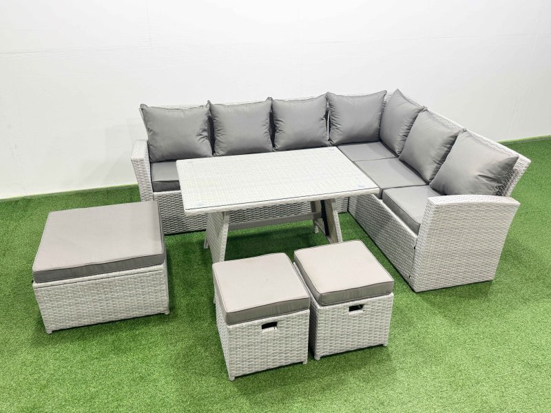 Fimous 9 Seater Garden Outdoor Rattan Furniture Set Rattan Corner Sofa Oblong Dining Table Set with 3 Footstools Light Grey Mixed