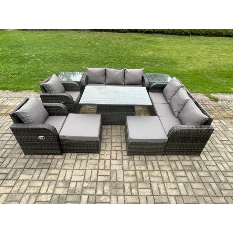 Fimous Rattan Outdoor Garden Furniture Sets Height Adjustable Rising lifting Dining Table Reclining Chair Sofa Set with 2 Side Tables 2 Big Footstools Dark Grey Mixed
