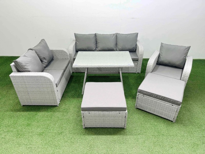 Fimous Rattan High Back Lounge Sofa Set Patio Dining Table & Chairs Set with 3 Seater Sofa Reclining Chair 2 Big Stool Light Grey