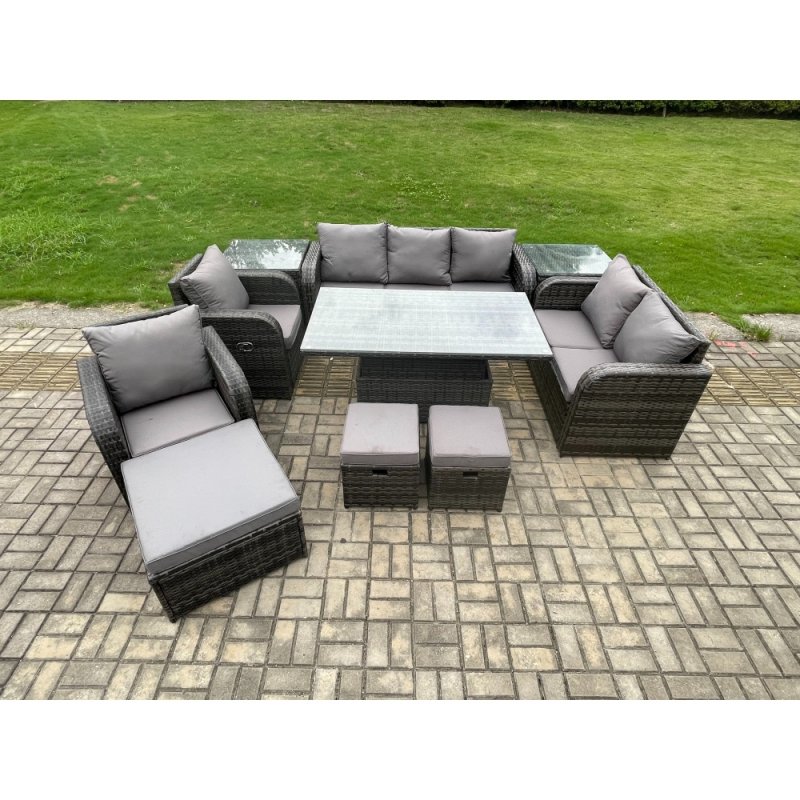 Fimous Wicker PE Rattan Outdoor Garden Furniture Sets Height Adjustable Rising lifting Dining Table Reclining Chair Sofa Set with 2 Side Tables 3 Footstools Dark Grey Mixed