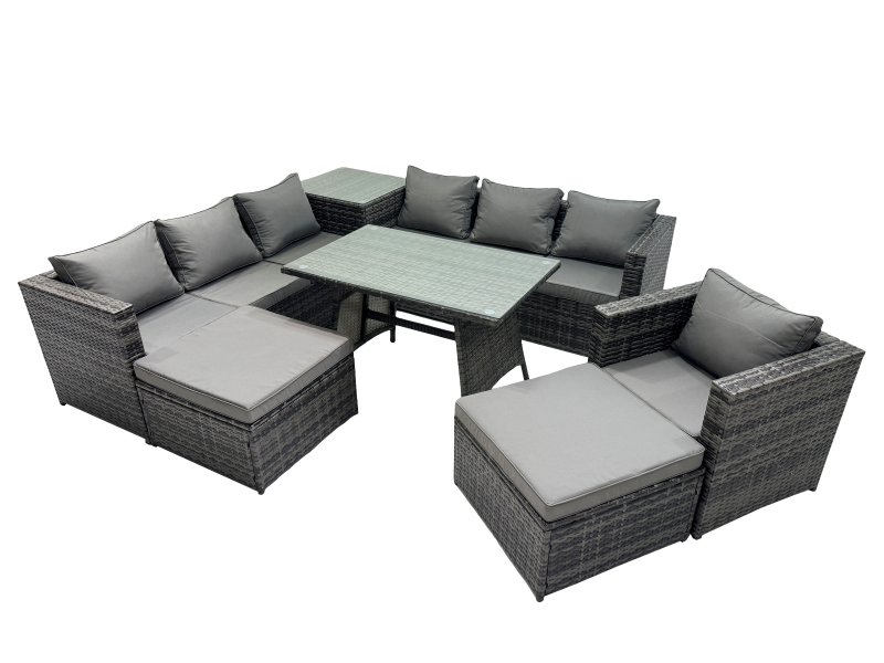 Fimous Outdoor Corner Sofa Chair Dining Table Set Garden Rattan Furniture Set 9 Seater with Side Table 2 Big Stool Dark Grey