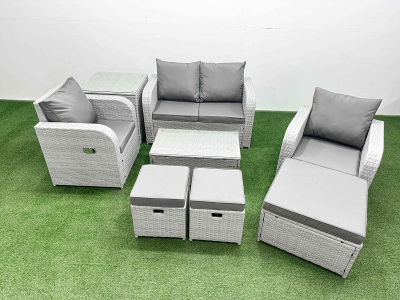 Fimous Light Grey PE Wicker Rattan Garden Furniture Set Sofa Set Reclining Adjustable Chair Rectangular Coffee Table 7 Seater 3 Stools Side Table