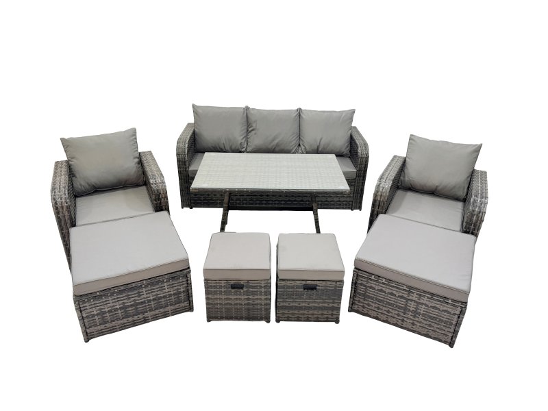Fimous Garden Rattan Outdoor Furniture Set 9 Seater with 3 Seater Sofa 2 Big Stool 2 Small Stools Dark Grey