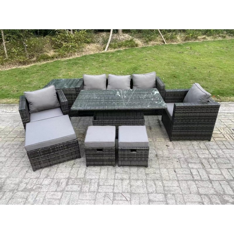 Fimous 8 Seater Wicker PE Rattan Garden Furniture Sofa Set Outdoor Adjustable Rising Lifting Dining Table Set with Armchairs Side Table 3 Footstools Dark Grey Mixed