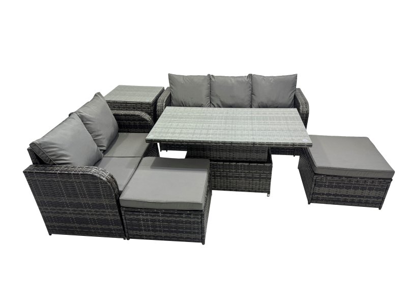 Fimous Rattan Garden Furniture Dining Set 7-seater Patio Height Adjustable Rising Lifting Table Sofa Set with Side Table Dark Grey Mixed