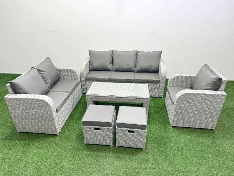 Fimous Patio PE Wicker 8 Seater Outdoor Rattan Furniture Sofa Sets with Oblong Coffee Table Reclining Chair Loveseat Sofa 3 Seater Sofa Stool Light Grey