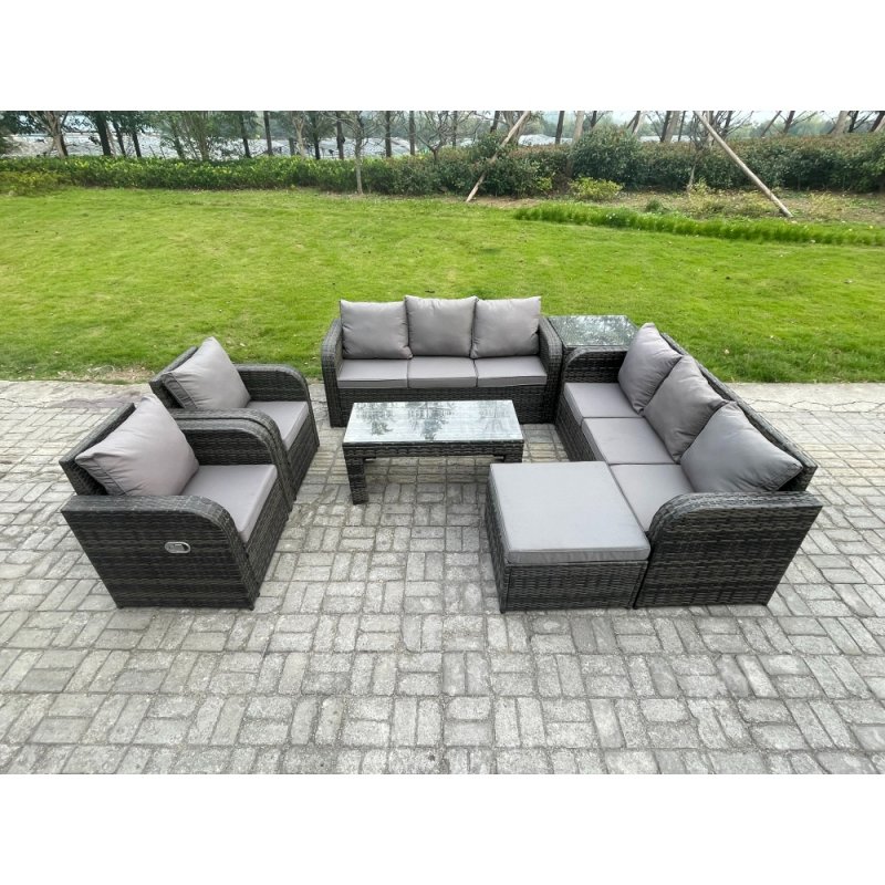 Fimous Wicker PE Rattan Sofa Set Outdoor Patio Garden Furniture with Reclining Chair Coffee Table Side Table Big Footstool Dark Grey Mixed