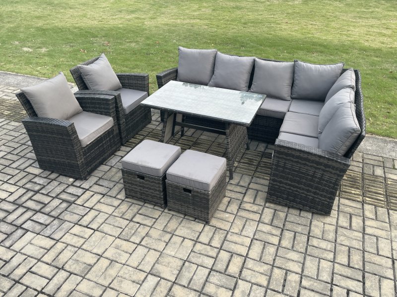 Fimous High Back Outdoor Garden Furniture Set Rattan Corner Sofa Dining Table Set With Armchairs 2 Small Footstools 10 Seater Dark Grey Mixed