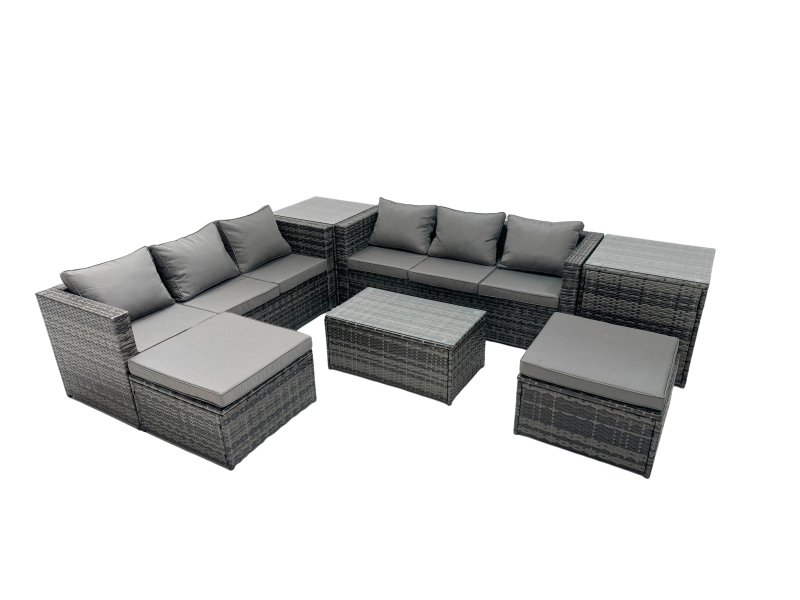 Fimous Rattan Garden Furniture Dining Set 8-seater Patio Coffee Table Sofa Set with 2 Side Tables 2 Big Footstools Dark Grey Mixed