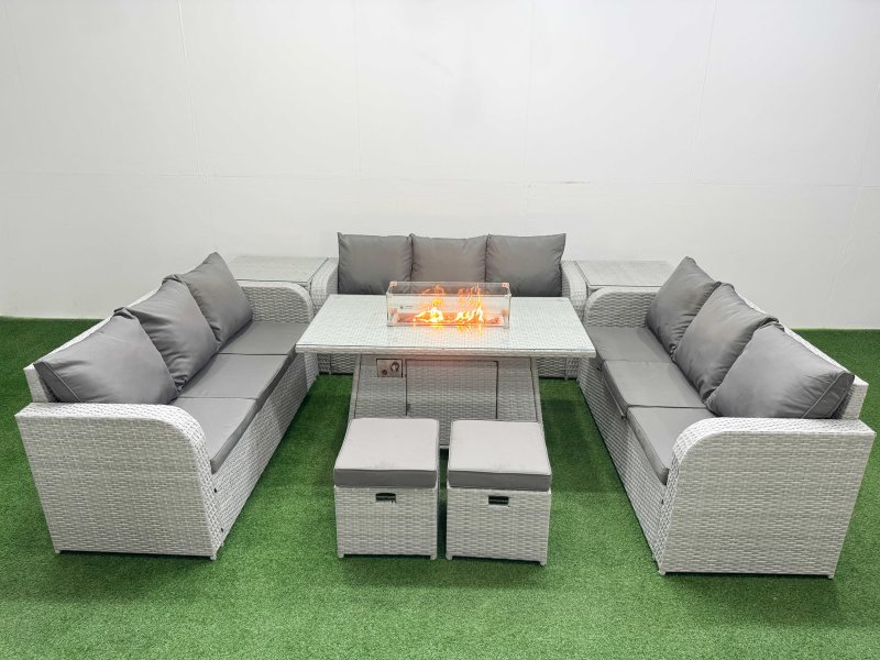 Fimous PE Rattan Lounge Sofa Set 11 Seater Outdoor Garden Furniture Set with Firepit Dining Table 3 Seater Sofa 2 Stools 2 Side Table Light Grey