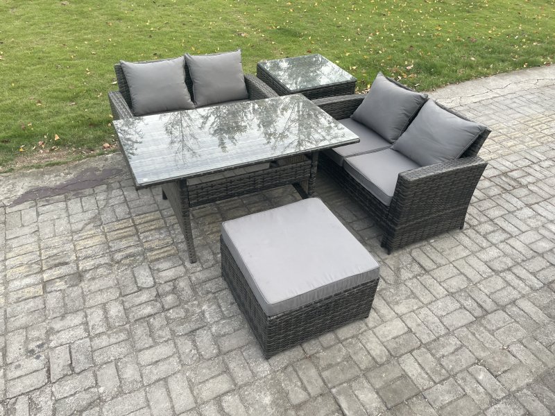 Fimous PE Wicker Rattan Garden Furniture Set Love Sofa Outdoor Rectangular Dining Table Big Footstool Side Table Dark Grey Mixed