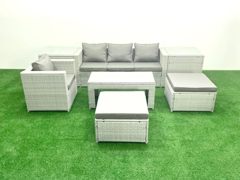 Fimous Outdoor Rattan Garden Furniture Set with Grey Cushions Luxury 6 Seater with 2 Big Footstools and Coffee Table,2 Side Tables For Conservatory,Patio
