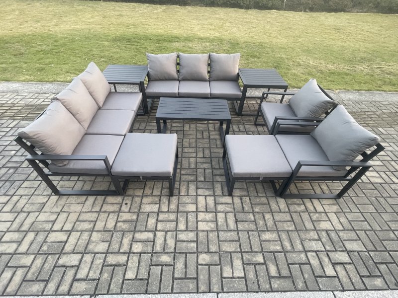 Fimous Aluminium Outdoor Garden Furniture Lounge Sofa 2 PC Chairs Oblong Coffee Table Sets with 2 Side Tables 2 Big Footstool Dark Grey