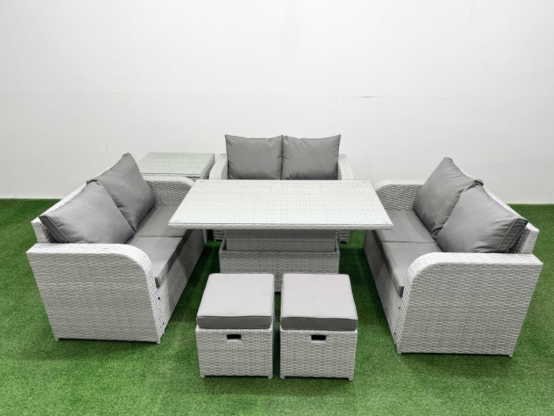 Fimous 8 Seater PE Wicker Rattan Furniture Sofa Sets with Adjustable Lifting Dining or Coffee Table 2 Seater Love Sofa 2 Stool Side Table Light Grey