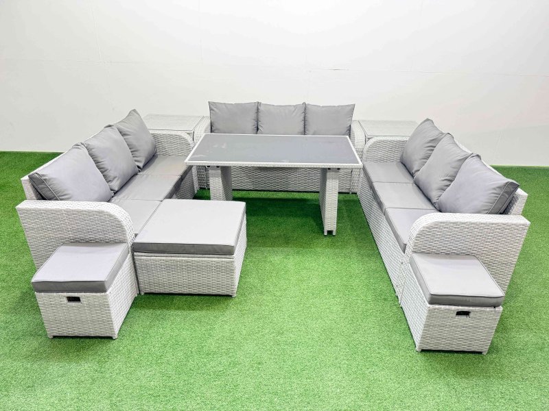 Fimous Patio Garden Furniture Sets with Black Glass Top Dining Table 3 Seater Sofa 2 Side Tables 3 Stool Light Grey