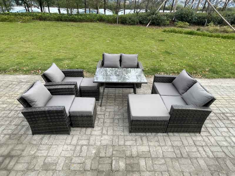 Fimous Garden Furniture Sets 8 Pieces Wicker Rattan Furniture Manual Wicker Patio Sofa Patio Conversation Set with 3 Footstools Dark Grey Mixed