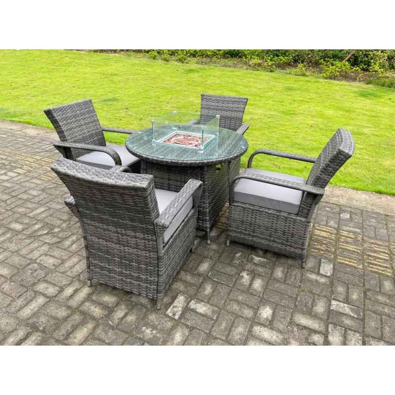 Fimous Rattan Garden Furniture Gas Fire Pit Round Dining Table Set Gas Heater And Dining Chairs 4 Seater