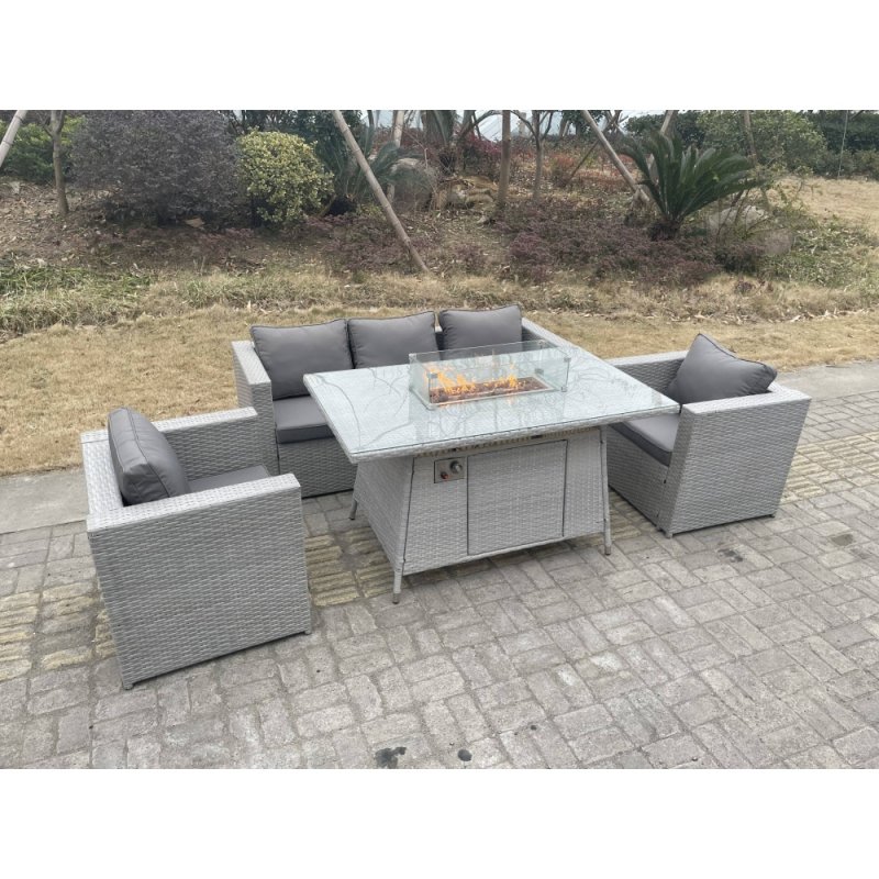Fimous Light Grey Rattan Gas Fire Pit Garden Furniture Dining Table Set Heater Burner Chairs Lounge Sofa Set Arm Chairs