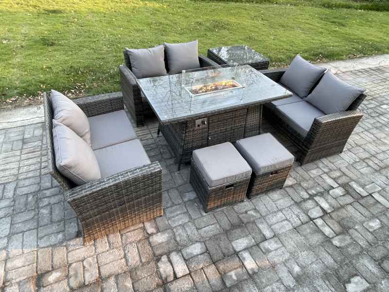 Fimous High Back Rattan Garden Furniture Sofa Sets with Outdoor Furniture Gas Firepit Dining Table Set Side Table 2 Small Footstools Dark Grey Mixed