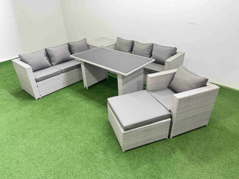 Fimous Patio Garden Furniture Sets with Black Glass Top Dining Table 3 Seater Sofa Armchair Side Table Big Stool Light Grey