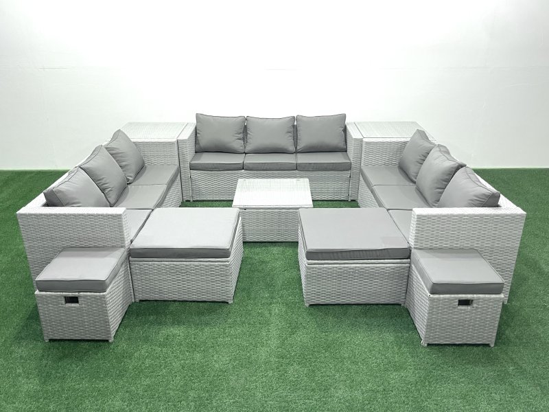 Fimous Garden Outdoor Furniture Set 14 Seater Rattan Sofa Set with 2 Side Tables 4 Footstools Light Grey Mixed