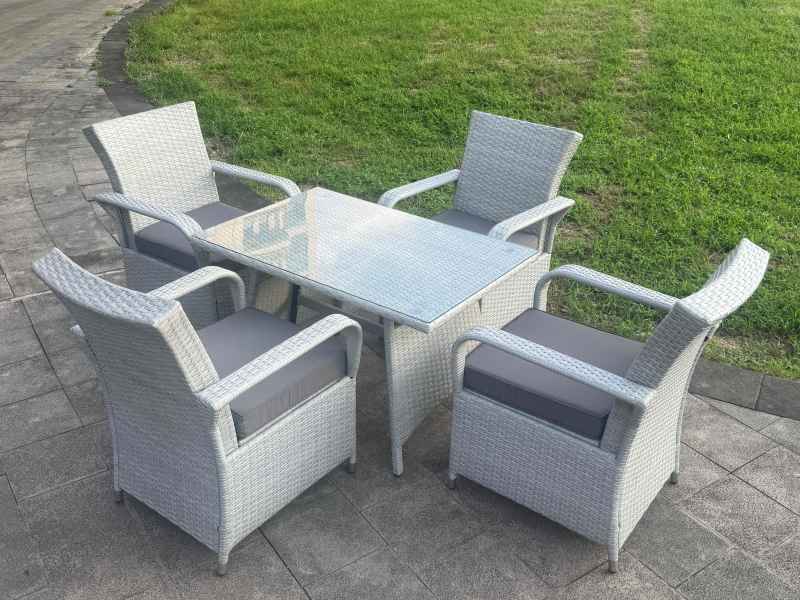 Fimous Light Grey Rattan Rectangular Dining Table and 4 Chairs Set Outdoor Garden furniture Set with Seat Cushion