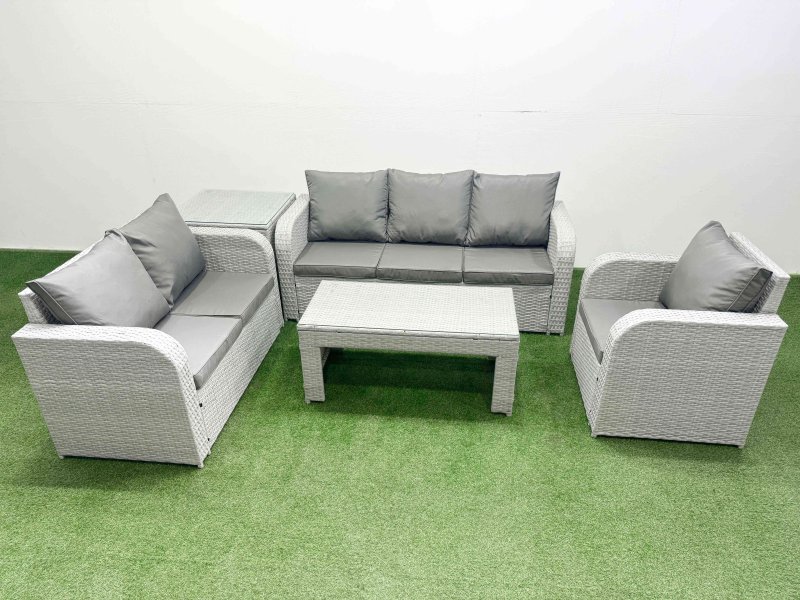 Fimous Patio PE Wicker 6 Seater Outdoor Rattan Furniture Sofa Sets with Oblong Coffee Table Reclining Chair Loveseat Sofa 3 Seater Sofa Side Table Light Grey