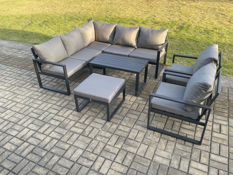 Fimous Aluminium Outdoor Garden Furniture Set Lounge Sofa Oblong Coffee Table Sets with 2 Pcs Chair Big Footstool Indoor Conservatory Set Dark Grey