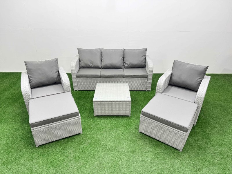 Fimous PE Rattan Garden Furniture Set Reclining Chair Sofa Lounge Sofa Set Square Coffee Table 2 Big Footstool Light Grey