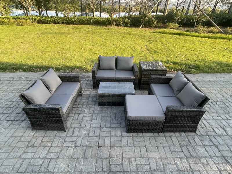 Fimous Dark Grey 7 Seater Outdoor Rattan Garden Furniture Set Patio Love Sofa Rectangular Coffee Table Set with Big Footstool Side Table