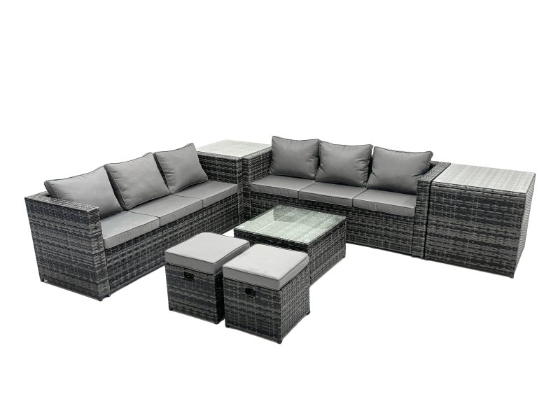 Fimous Outdoor Rattan Garden Furniture Set 8 Seater Patio Lounge Sofa Set with Square Coffee Table 2 Side Table 2 Small Footstools Dark Grey Mixed