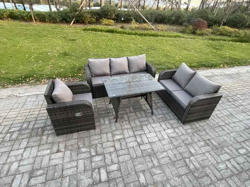 Fimous Outdoor Rattan Garden Furniture Set 7 Seater Patio Lounge Sofa Set with Dining Table Dark Grey Mixed