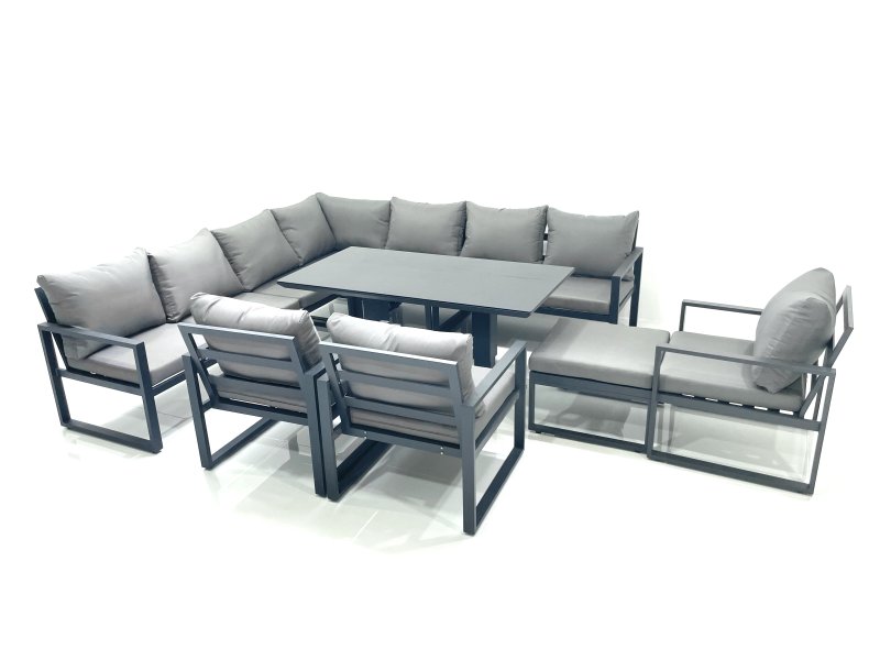 Fimous 11 Seater Outdoor Aluminum Garden Furniture Set Corner Sofa Big Footstool 3 Chairs Adjustable Rising Lifting Dining Table Sets Dark Grey
