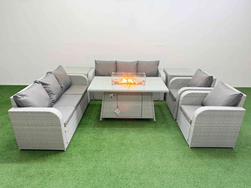 Fimous PE Rattan High Back Lounge Sofa Set Patio Firepit Dining Table & Chairs Set with 3 Seater Sofa Reclining Chair 2 Side Table Light Grey