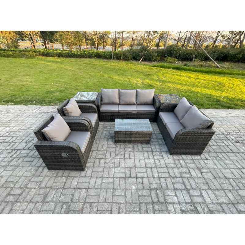 Fimous 7 Seater Rattan Wicker Garden Furniture Patio Conservatory Sofa Set with Rectangular Coffee Table 3 Seater Sofa Love Sofa 2 Side Tables