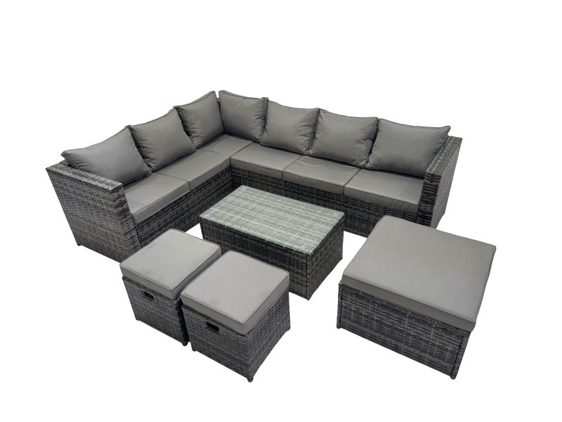 Fimous Outdoor Rattan Rectangular Coffee Table Corner Sofa Sets Garden Furniture Set with 3 Stools Dark Grey Mixed