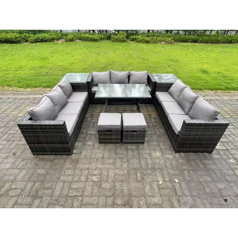 Fimous Wicker PE Rattan Outdoor Furniture Lounge Sofa Garden Dining Set with Dining Table 2 Side Tables 2 Small Footstools Dark Grey Mixed