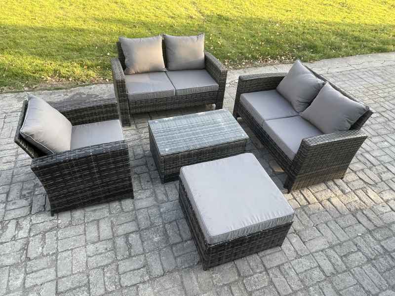 Fimous Wicker Rattan Garden Furniture Sofa Set with Rectangular Coffee Table Double Seat Sofa Chair Big Footstool 6 Seater Outdoor Rattan Set Dark Grey Mixed