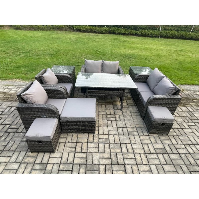 Fimous Outdoor Rattan Garden Furniture 10 piece Grey Patio Furniture Set 9 Seater Lounge Sofa Set with Rectangular Table Reclining Chairs 3 Stools 2 Side Tables