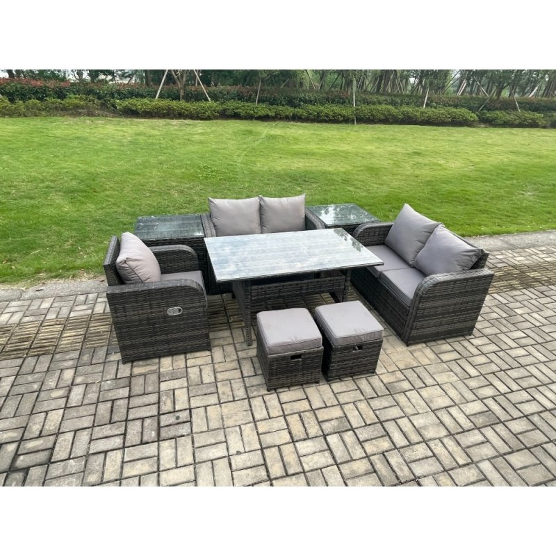Fimous 7 Seater Lounge Rattan Sofa Set Outdoor Garden Furniture Oblong Rectangular Dining Table With Chairs 2 Small Footstools 2 Side Tables Dark Grey Mixed