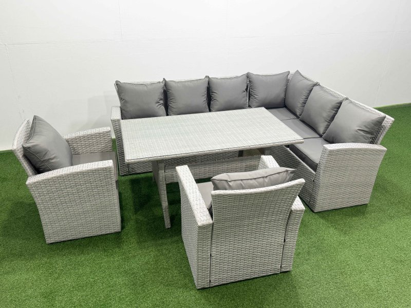 Fimous Rattan Garden Furniture Set Outdoor 8 Seater Patio Dining Corner Sofa Sets with Dining Table Chair Light Grey Mixed